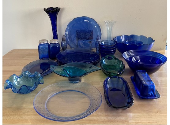 Large Collection Of Vintage Cobalt Blue And Green Glass Ware Including Salt And Peppers, Plates, Butter Dishes