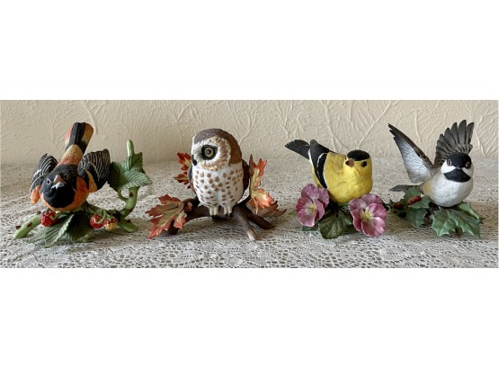 (4) Lenox Fine Porcelain Birds- Chickadee, Baltimore Oriole, Saw Whet Owl, And American Goldfinch