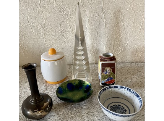 Collection Of Asian Decor Including Glass Etched Pagoda, Metal Vase, Enamel Dish, And More