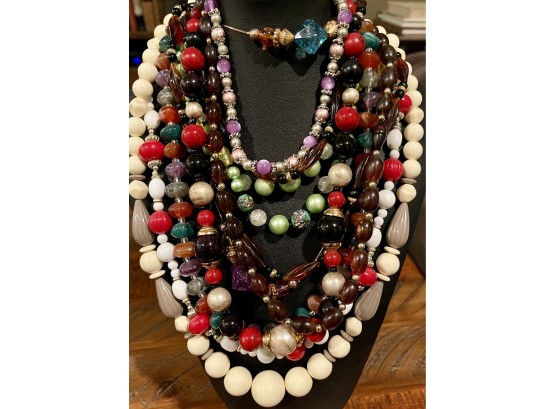 Large Collection Of Vintage Bead Necklaces Including Celluloid, Glass Beads, Amber, Faux Stone And More