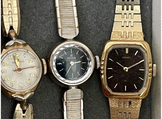 (3) Vintage Watches, (1) Ladies Revue Fond Acier Swiss, (1) Helsbro, And (1) Seiko In A Waltham Watch Box