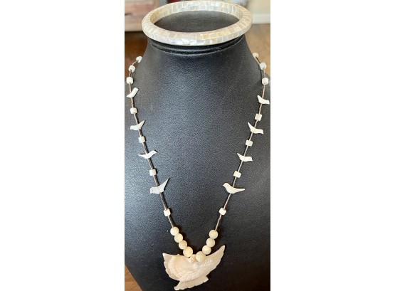 Vintage Mother Of Pearl Eagle And Bird Carved Fetish Necklace With Silver Beads & MOP Bracelet