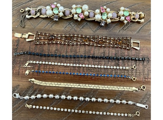 Collection Of Vintage Rhinestone & Silver Tone Bead Bracelets, Napier, Avon And More