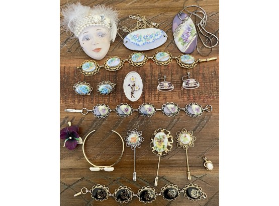 Collection Of Hand Painted Porcelain Jewelry Including Necklaces, Bracelets, Earrings And Stick Pins