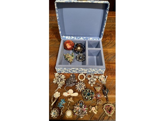 Floral Material Jewelry Box With Assorted Vintage Pins, Rhinestone, Enamel, Locket, Austria And More