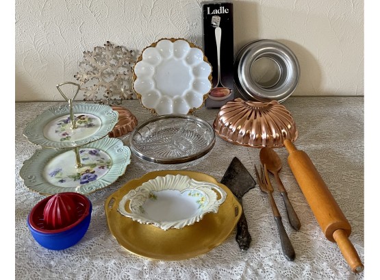 Collection Of Vintage Bakeware And Serving Plates, Rolling Pin, Egg Plate. Sterling Handles Spoon And Fork
