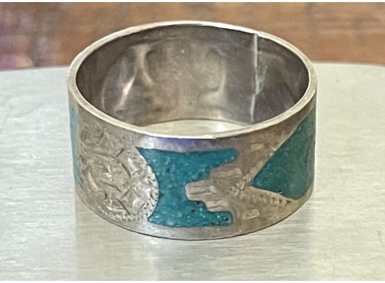 Vintage Mexico 925 Sterling Silver Ring With Turquoise Inlay Men's Size 12 Weighs 8 Grams
