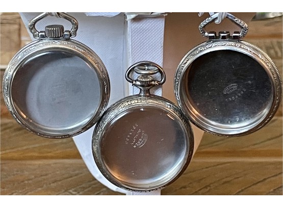 (3) Silver Tone Pocket Watch Cases (2) Have Front Crystals, Defiance, Star Nickel & Star Emperor Quality