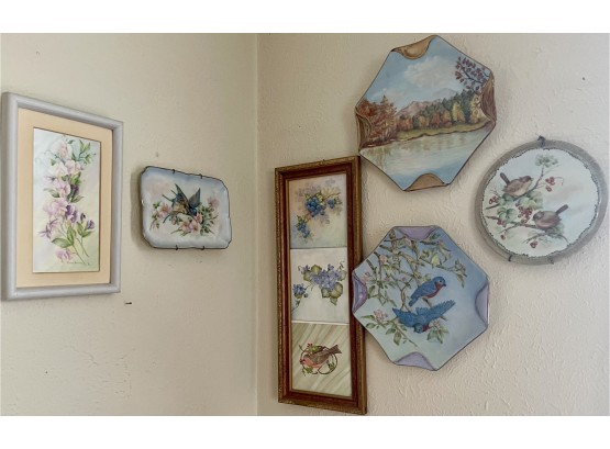 Collection Of Hand Painted Porcelain Framed Tiles, Plates With Hangars, And Plaques
