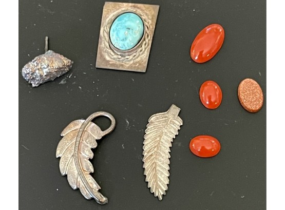 Vintage Southwestern Jewelry Pieces, Turquoise, Coral Cabochons And Silver Feathers