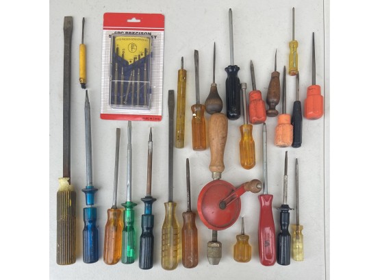 Assorted Screwdriver Lot Including 6 Piece Precision Set, Vintage Handle Drill, & More