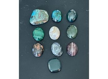 Collection Of Polished Natural Stone Cabochons, Chrysocolla, Turquoise, Malachite, Agate And More