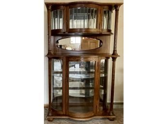 Art Deco Solid Oak Hutch With Lead Glass, Beveled Top, Mirrored Back, And Glass Shelves