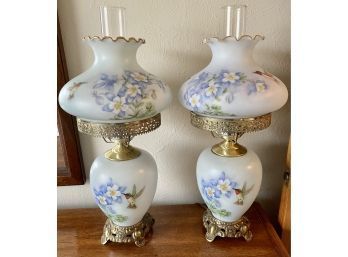 (2) Hand Painted Porcelain Hurricane Lamps With Brass Trim And Bases