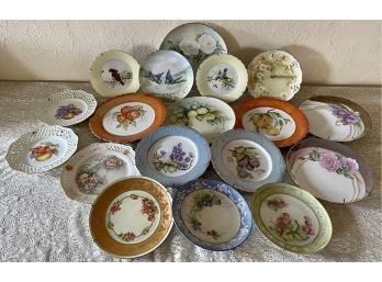 Large Collection Of Hand-painted Porcelain Plates With Hangers Including Birds, Floral, And More