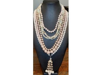 Gorgeous Vintage Collection Of Pink And Cream Faux Pearls With Rhinestone Accents And Gold Tone Beads