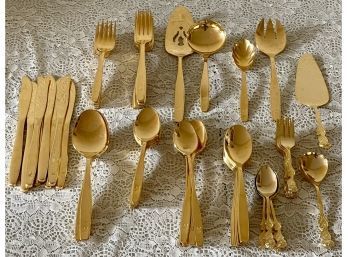 Large Collection Of Stainless Steel Gold Tone Silverware - Rogers Cutlery Stainless USA