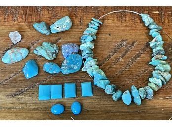 Collection Of Turquoise Pieces And Cabochons And (1) Clear Quartz Piece For Jewelry Making