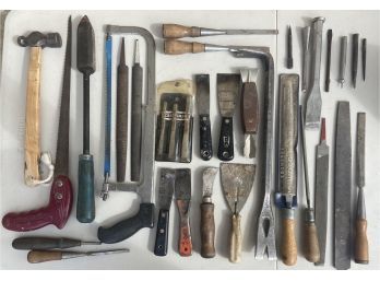 Assorted Hand Tool Lot - Putty Knives, Rasps, Punches, Saws, Mallet, & More
