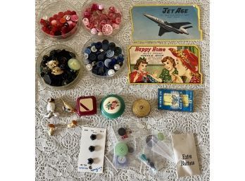 Collection Of Vintage Buttons, Needle Booklets, Tape Measures, And More
