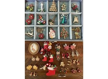 Vintage Jewelry Box Filled With Holiday Pins Including Trees, Deer, Holly, Packages, Gerry's, Tancer & More