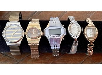 (4) Vintage Ladies Wrist Watches & (1) Watch Case, Medana, Caravelle, Benrus & Compu Chron