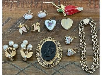 Antique Jewelry,  Black Mourning Cameo Pendant, Elco 12K GF Chain Bracelet, Cameo Earrings, Austria Earrings