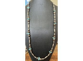 Vintage Sterling Silver Bead And Turquoise Necklace 31' Long And Weighs 35.4 Grams