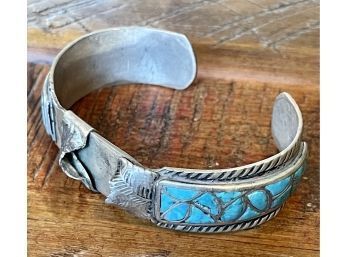 Vintage Sterling Silver Unmarked Watch Cuff Bracelet Band With Turquoise Inlay Weighs 41.5 Grams