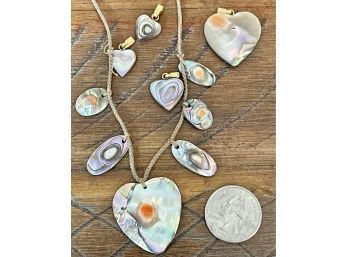 Antique Sea Treasure Abalone Hand Made Necklace With Button Closure And (4) Additional Heart Pendants