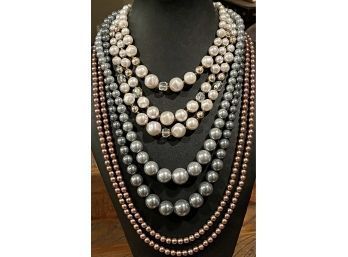 Vintage Faux Pearl Necklace Lot Including Copper Color 54' Strand, Cream And Grey With Rhinestones