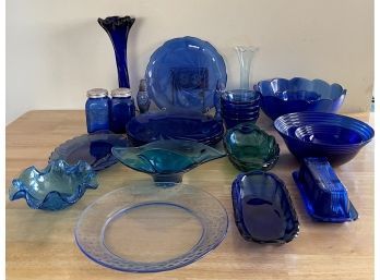Large Collection Of Vintage Cobalt Blue And Green Glass Ware Including Salt And Peppers, Plates, Butter Dishes