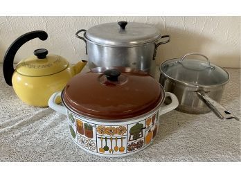 Vintage Enamel Ware Pot And Wear Ever Tea Pot, Saffron Pan With Lid, And West Bend Stock Pot With Lid