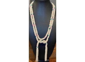 Vintage 54' Seed Bead Lariat Necklace With Tassels, Cream, Pink And Green Beads