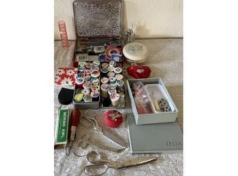 Collection Of Vintage Sewing Accessories Including Thread, Thimbles, Scissors, And More