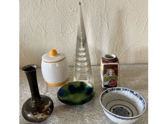 Collection Of Asian Decor Including Glass Etched Pagoda, Metal Vase, Enamel Dish, And More