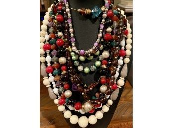 Large Collection Of Vintage Bead Necklaces Including Celluloid, Glass Beads, Amber, Faux Stone And More