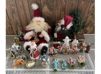 Collection Of Christmas Decor Including Santa Shelf Sitter, Light Up Sleigh, Figurines, & Ornaments