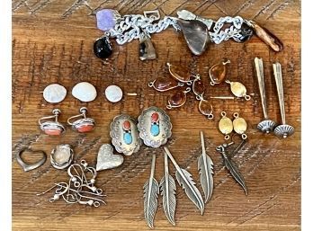 Vintage Sterling Silver, Turquoise And Coral Southwest Jewelry Lot, Amber, Sterling Earrings, Bolo Tips, Beads