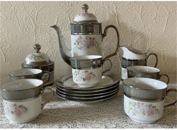 Vintage Made In China Tea Set Hand-painted With Silver Trim