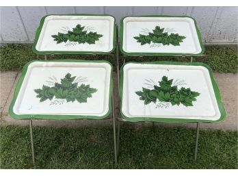 Set Of 4 Mid Century Modern Metal Folding TV Trays With Green Floral & Melon Motif Tops