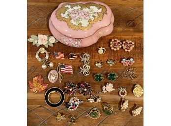 Vintage Hand Painted Covered Dresser Jar With Assorted Earrings & Pins, Jadeite, Rhinestone And More