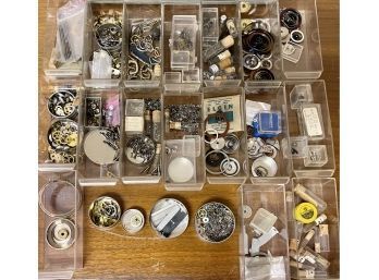 Large Lot Of Watch Repair Parts, Elgin 18 Balance, Waltham A13A Complete, Crown Tops, Winds, Springs & More