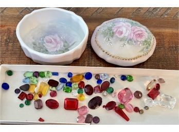 Large Lot Of Faceted Colored Glass Gemstones Assorted Sizes With Hand Painted Porcelain Trinket Box