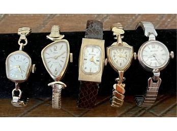 (5) Vintage Ladies 10K Rolled Gold & GF Wrist Watches (1) Hamilton, (1) Pedre, (3) Bulova
