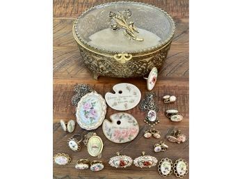 Vintage Brass Ormolu Beveled Glass Jewelry Box With Hand Painted Earrings, Pendants, Rings & More