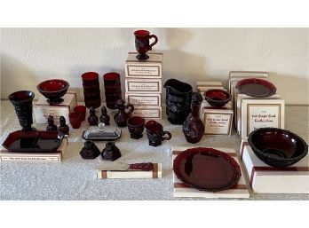 Avon Cape Code Collection, Red Glassware, Pitcher, Decanter, Plates, Bowls, Cream Sugar, Cruet  & More