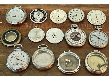 Collection Of Pocket Watch Faces And Cases (as Is) For Parts Or Repair, Biltmore, Ingersoll, Westclox & More