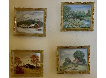 (4) Vintage Hand Painted Mini Porcelain Hanging Plaques, Hangars Inculded