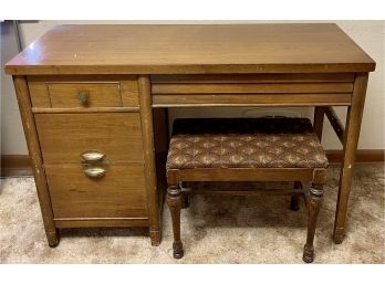 Vintage Mid Century Wood And Veneer Desk With Dove Tail Drawers And Bench Seat